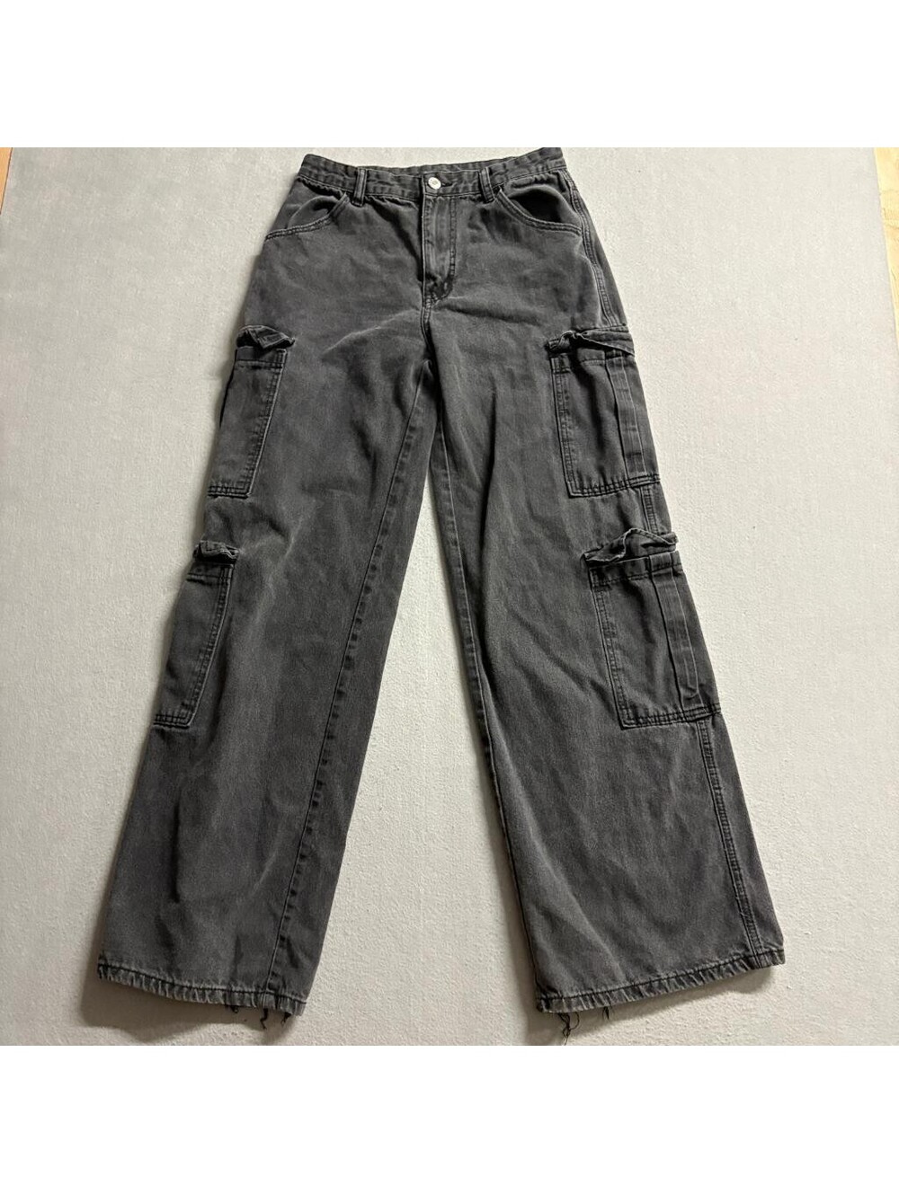 Shein Womens Cargo Jeans Size US 4 Gray Denim Wide Leg High Rise Utility Pants